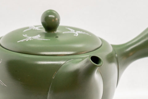 Japanese Kyusu - Green Tokoname Ceramic Teapot with Mesh Strainer - White Clay Mishima Inlay 290ml - Tezumi