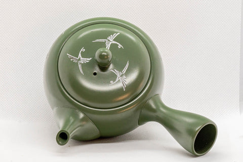 Japanese Kyusu - Green Tokoname Ceramic Teapot with Mesh Strainer - White Clay Mishima Inlay 290ml - Tezumi