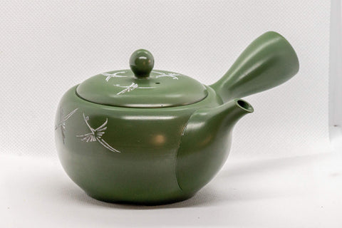 Japanese Kyusu - Green Tokoname Ceramic Teapot with Mesh Strainer - White Clay Mishima Inlay 290ml - Tezumi