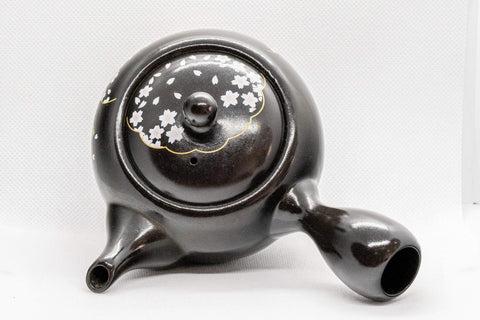 Japanese Kyusu - Sakura Cherry Blossom Black Kurodei Tokoname-yaki Teapot - 300ml - rear three-quarter view showing the side handle and spout