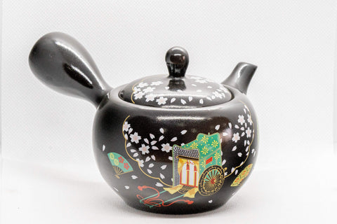 Japanese Kyusu - Sakura Cherry Blossom Black Kurodei Tokoname-yaki Teapot - 300ml - front view of the black kurodei teapot with painted cherry blossom decoration and side handle