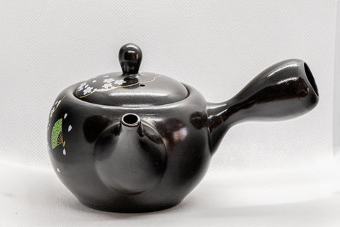 Japanese Kyusu - Sakura Cherry Blossom Black Kurodei Tokoname-yaki Teapot - 300ml - side view with the handle to the left and spout to the right