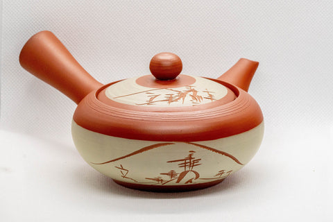 Japanese Tea Set -  White Sgraffito Tokoname-yaki Ceramic Kyusu and 5 Lidded Teacups - Tezumi