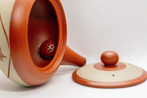 Japanese Tea Set -  White Sgraffito Tokoname-yaki Ceramic Kyusu and 5 Lidded Teacups - Tezumi