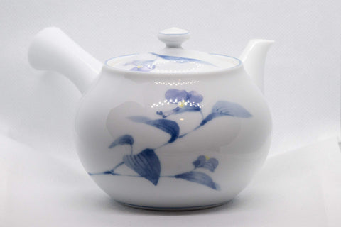 Tezumi — Japanese Kyusu - White Arita-yaki Porcelain Teapot with Blue Orchid decorations - 475ml — three-quarter view from the opposite side