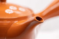 Japanese Kyusu - 帯アミ Floral Red Shudei Tokoname-yaki Obi-ami Teapot - 265ml - closeup of the spout and shoulder showing the painted white daisies