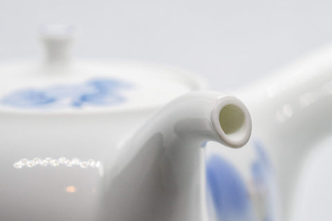 Japanese Kyusu - White Porcelain Blue Orchids Teapot - 375ml - closeup of the body showing the blue orchid decoration