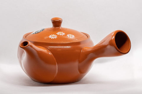 Japanese Kyusu - 帯アミ Floral Red Shudei Tokoname-yaki Obi-ami Teapot - 265ml - side view showing the side handle and spout