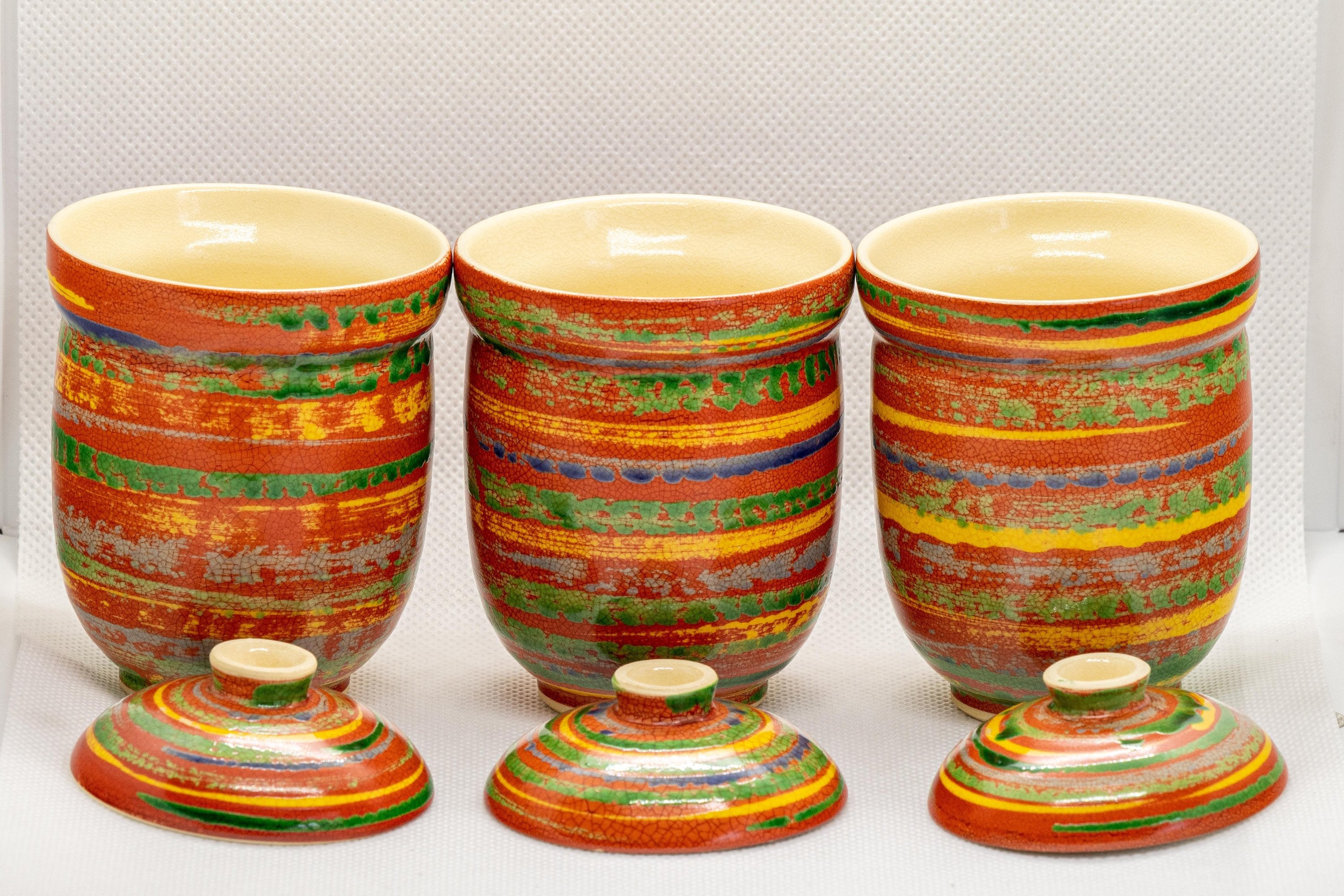 Japanese Teacups - Set of 3 Red Lidded Tsutsu-gata Yunomi - 100ml