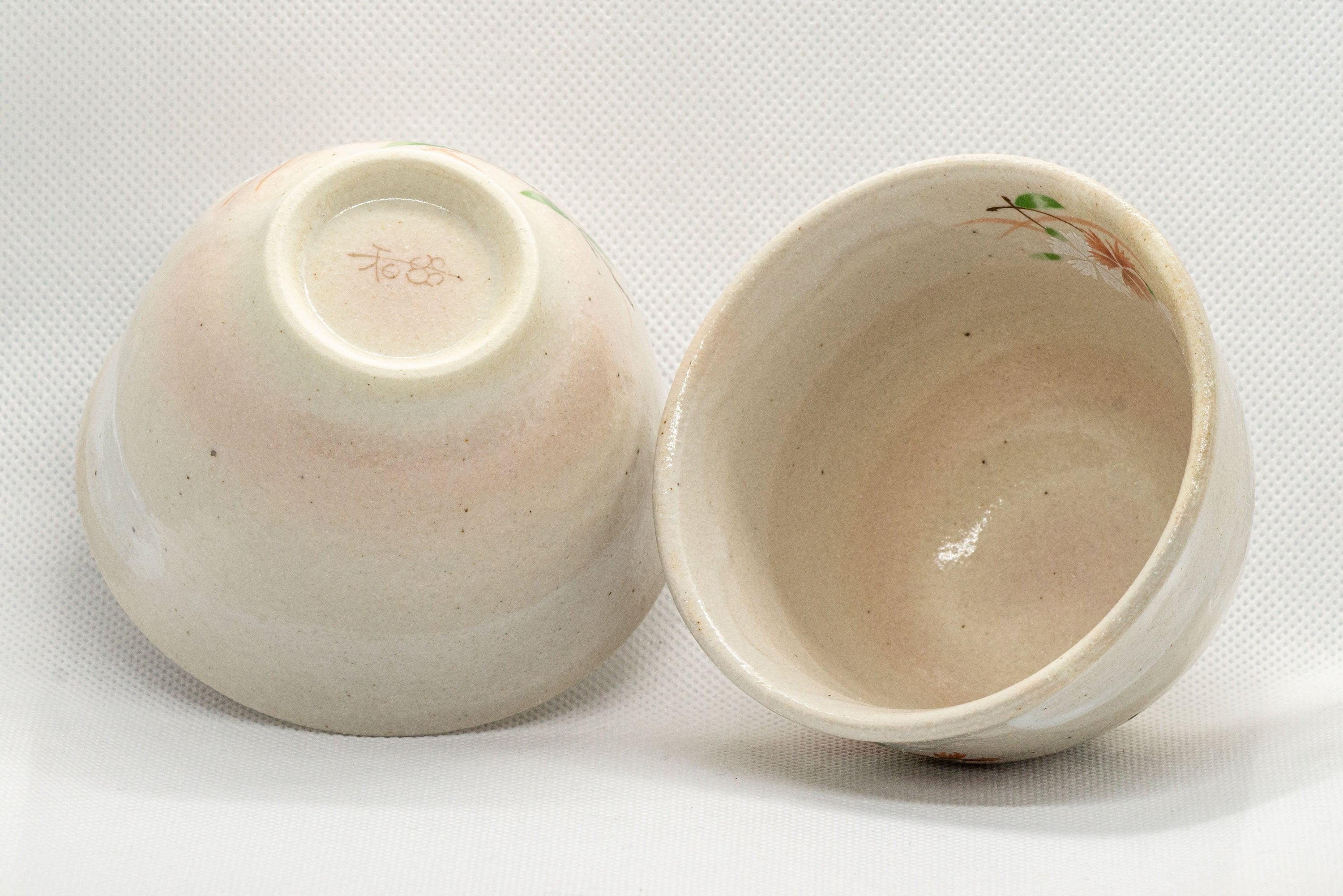 Japanese Teacups - Pair of Beige Floral Yunomi with Saucers - 150ml