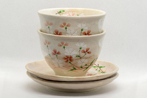 Japanese Teacups - Pair of Beige Floral Yunomi with Saucers - 150ml - the pair of cups stacked on their saucers