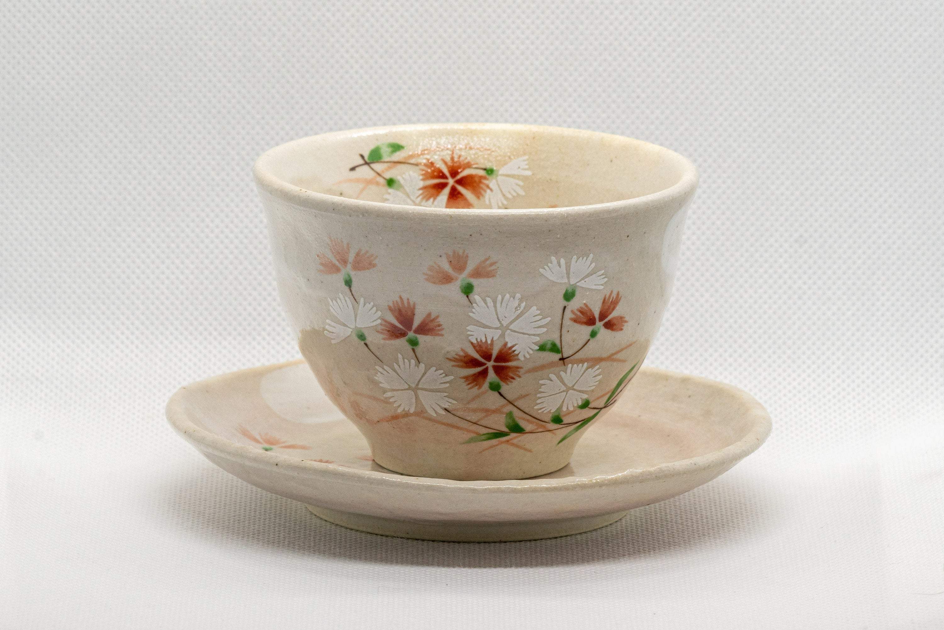 Pair of Japanese Teacups - Beige Floral Yunomi with Saucers - 150ml - Thumbnail 2