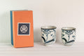 Japanese Teacups - Pair of Floral Tsutsu-gata Yunomi - 150ml - lifestyle image with the cups and gift box