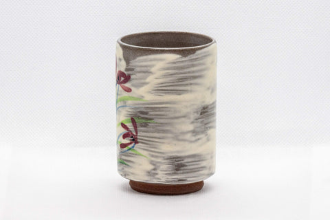 Tezumi — Japanese Teacup - Brushed white glaze tsutsu-gata yunomi with floral design - 150ml — front view from another angle
