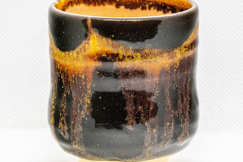 Japanese Teacup - Drip-Glazed Tsutsu-gata Yunomi - 160ml - closeup of the orange drip glaze on the body