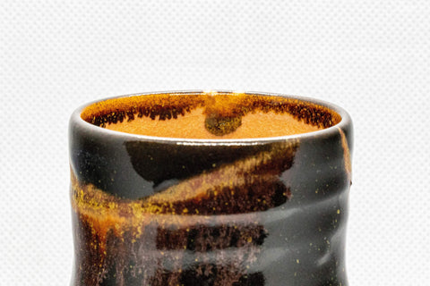 Japanese Teacup - Drip-Glazed Tsutsu-gata Yunomi - 160ml - top-down view showing the crazed orange interior