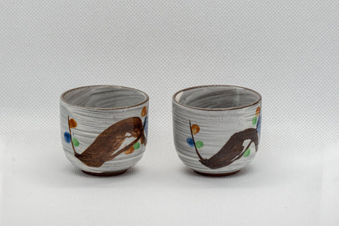 Japanese Teacups - Pair of White Glazed Floral Guinomi - 40ml