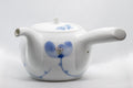 Japanese Kyusu - White Porcelain Blue Orchids Teapot - 375ml - side view of the white porcelain teapot with blue orchid decoration and side handle