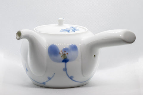 Japanese Kyusu - White Porcelain Blue Orchids Teapot - 375ml - side view of the white porcelain teapot with blue orchid decoration and side handle