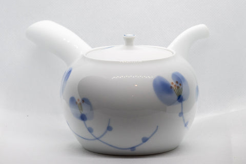 Japanese Kyusu - White Porcelain Blue Orchids Teapot - 375ml - side view from the spout