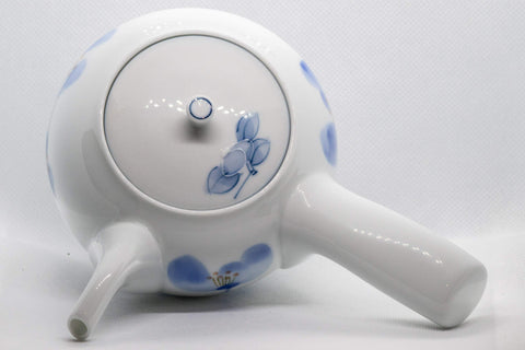 Japanese Kyusu - White Porcelain Blue Orchids Teapot - 375ml - top-down view showing the lid