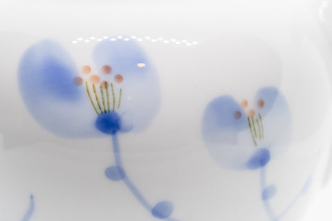 Japanese Kyusu - White Porcelain Blue Orchids Teapot - 375ml - closeup of the blue orchid painting