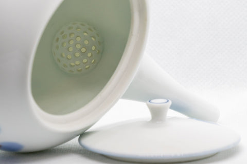 Japanese Kyusu - White Porcelain Blue Orchids Teapot - 375ml - view of the interior showing the ceramic strainer