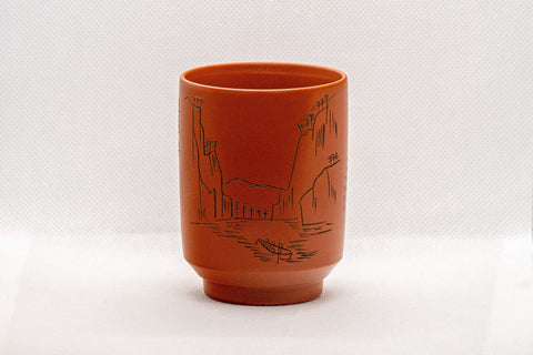 Japanese Teacup - Mountainous Tsutsu-gata Tokoname-yaki Yunomi - 150ml - front view of the red Tokoname clay teacup