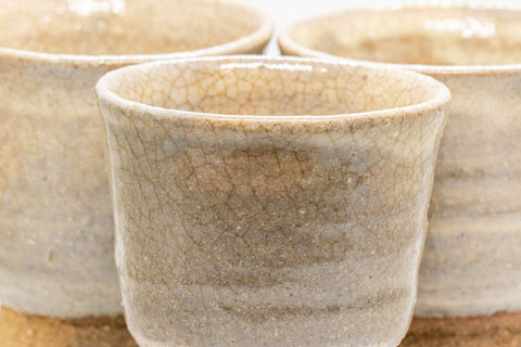 Japanese Teacups - Set of 3 Beige Hagi-yaki Yunomi - 130ml - closeup of the three teacups grouped together