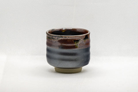 Japanese Teacup - Tenmoku Glazed Tsutsu-gata Yunomi - 65ml - front view of the ribbed cup