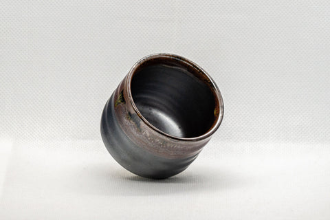 Japanese Teacup - Tenmoku Glazed Tsutsu-gata Yunomi - 65ml - tilted view showing the glazed interior
