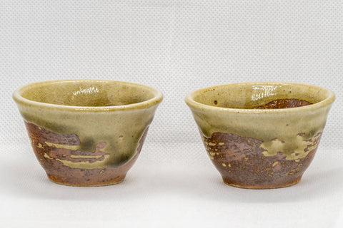 Japanese Teacups - Pair of 香山 Ash Green Glazed Shigaraki-yaki Senchawan - 55ml