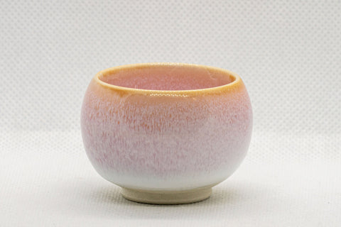 Japanese Teacups - Set of 5 Sakura Nagashi Wa-nari Guinomi - closeup of a single cup showing the peach and pink glazed interior