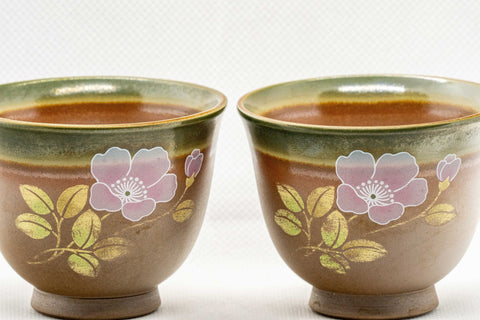 Japanese Teacups - Pair of Brown Floral Senchawan - 80ml - closeup front view of the pair
