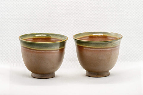 Japanese Teacups - Pair of Brown Floral Senchawan - 80ml - front view of the pair showing the pink floral painting