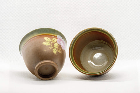 Japanese Teacups - Pair of Brown Floral Senchawan - 80ml - one cup tilted to show the glazed interior beside the other