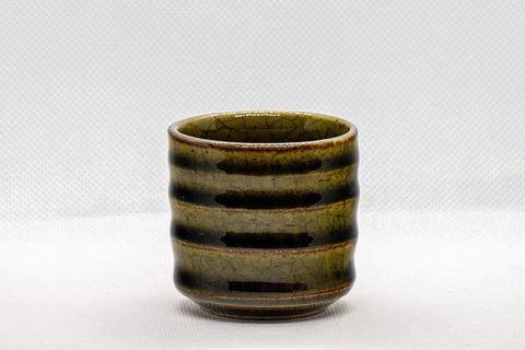 Japanese Teacup - Tsutsu-gata Yunomi - side view of the ribbed dark green crazed-glaze teacup