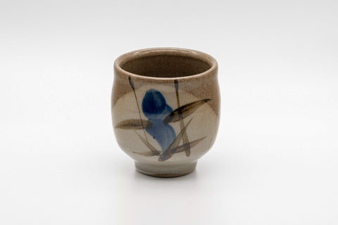 Japanese Teacup - Floral Yunomi - 140ml - three-quarter front view of the grey-brown cup with painted blue flower