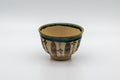 Japanese Teacup - 秀泉陶苑 Floral Wan-nari Mino-yaki Yunomi - 100ml - front view of the Oribe-glazed teacup with geometric iron decoration and green glaze
