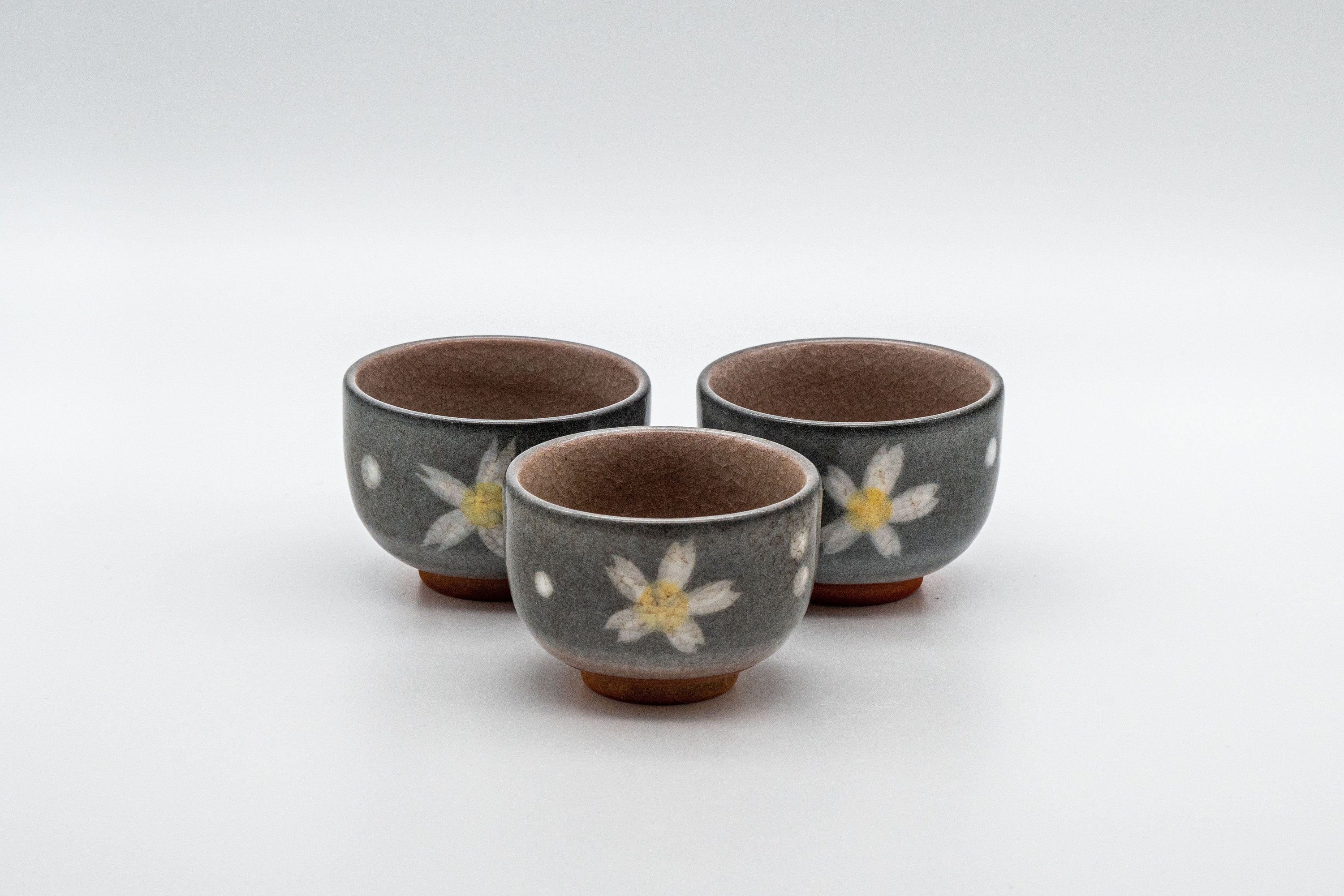 Japanese Teacups - Set of 3 Floral Snowflake Glazed Guinomi - 45ml