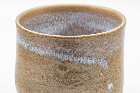 Japanese Teacup - Hare's Fur Stoneware Tsutsu-gata Yunomi - 185ml - closeup of the lip with the bluish-white hare's fur glaze
