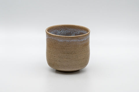 Japanese Teacup - Hare's Fur Stoneware Tsutsu-gata Yunomi - 185ml - front view showing the bluish-white hare's fur glaze at the lip