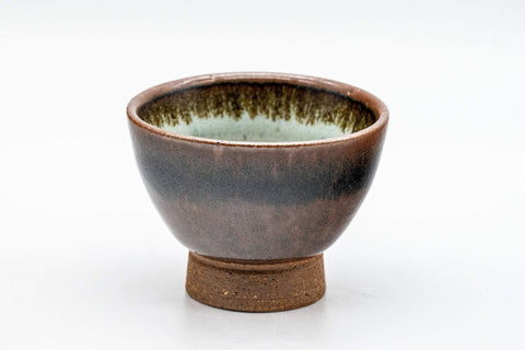 Japanese Teacups - Pair of Tenmoku Glazed Sugi-nari Guinomi - 55ml - view from above of a single cup showing the mint green interior