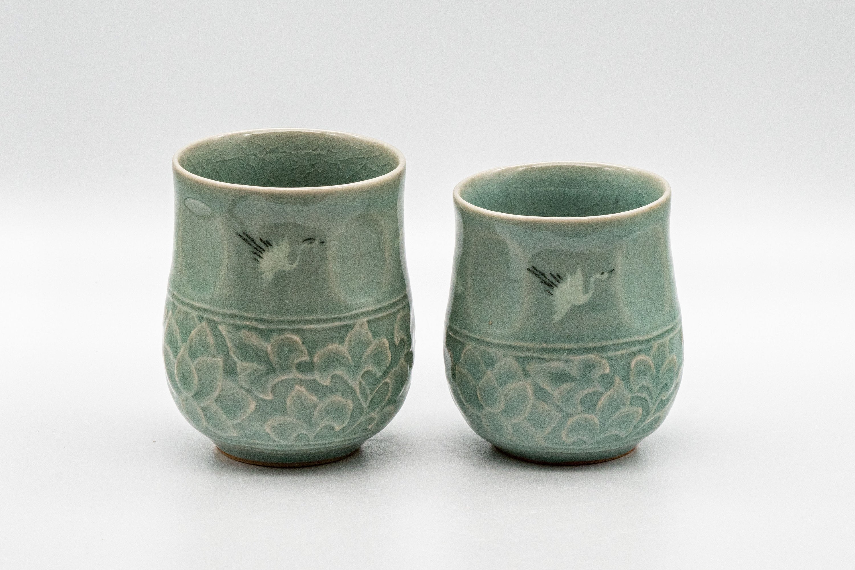 Japanese Teacups - Couple's Pair of Ishiyama Celadon Dojimari-gata Yunomi - 165ml - Tezumi