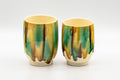 Japanese Teacups - Couple's Pair of 秀 Meoto Yunomi - 150ml - the pair of drip-glazed teacups with the smaller cup in front