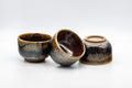 Japanese Teacups - Set of 3 Drip Glazed Yunomi - 120ml - two cups upright with one tipped on its side showing the interior