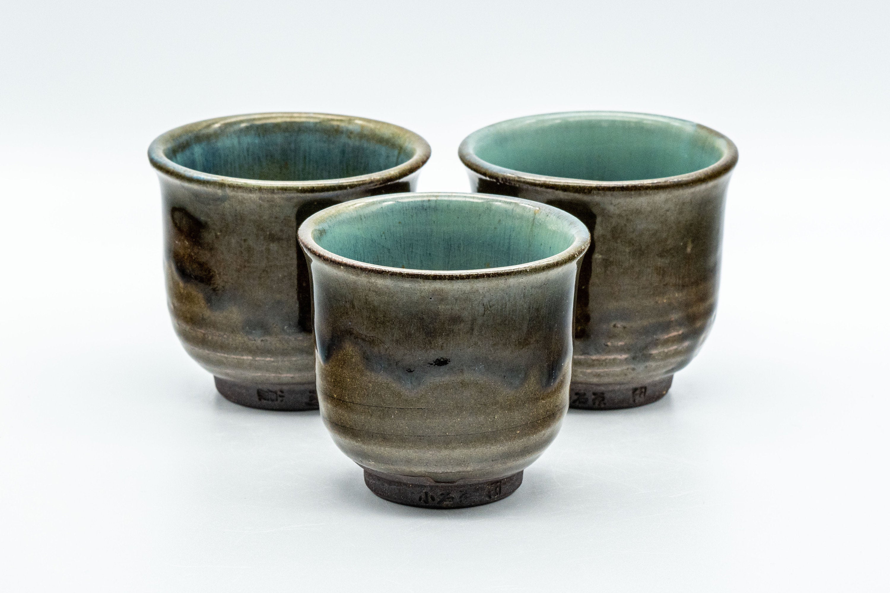 Japanese Teacups - Set of 3 Olive Green Turquoise Koishiwara-yaki Yunomi - 100ml
