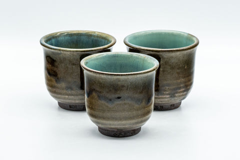 Japanese Teacups - Set of 3 Olive Green Turquoise Koishiwara-yaki Yunomi - 100ml - the three teacups grouped together, angled view