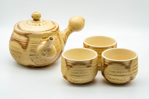 Tezumi — Japanese Tea Set - 夙山 Nasu-gata Do-ake Kyusu with 3 Yunomi - 575ml — the full set arranged together