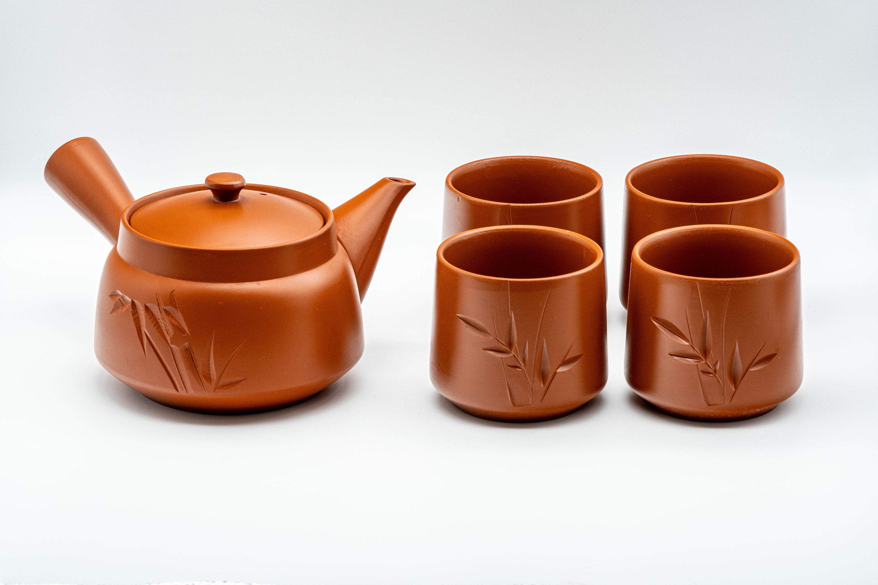 Japanese Tea Set - 寿泉 Bamboo Tokoname-yaki Debeso Kyusu with 4 Yunomi - 350ml - Tezumi